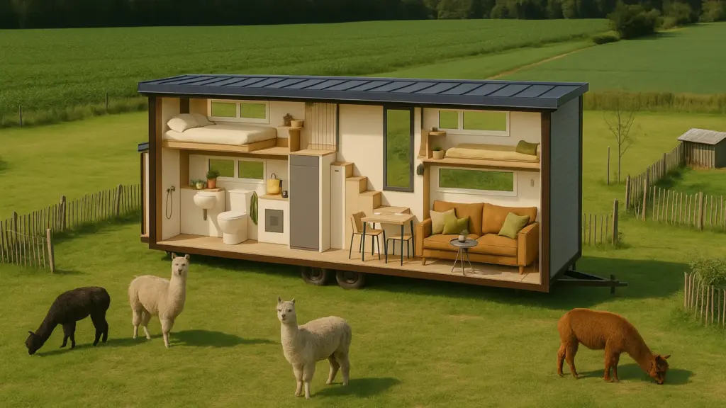 Visualisierter Querschnitt eines Tiny Houses mit Wohn-, Schlaf- und Badbereich – nachhaltiges Raumkonzept von STUDIO S Architekten in ländlicher Umgebung.