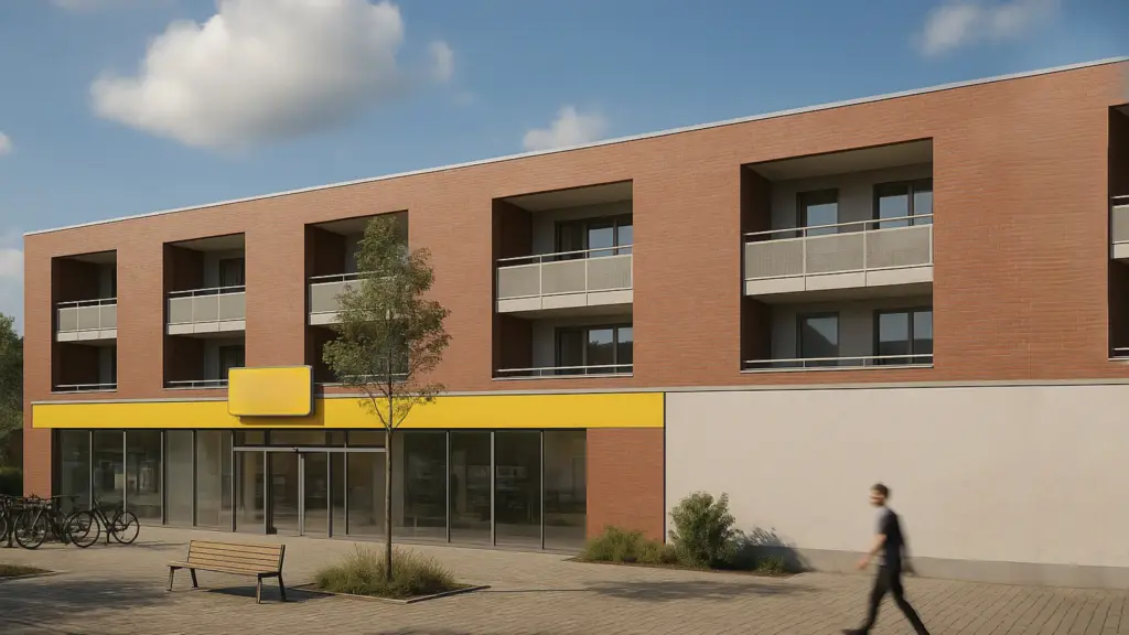 Visualisierung eines gemischt genutzten Neubaus mit Einzelhandel im Erdgeschoss und Wohnungen mit Loggien – Architektur von STUDIO S Architekten.