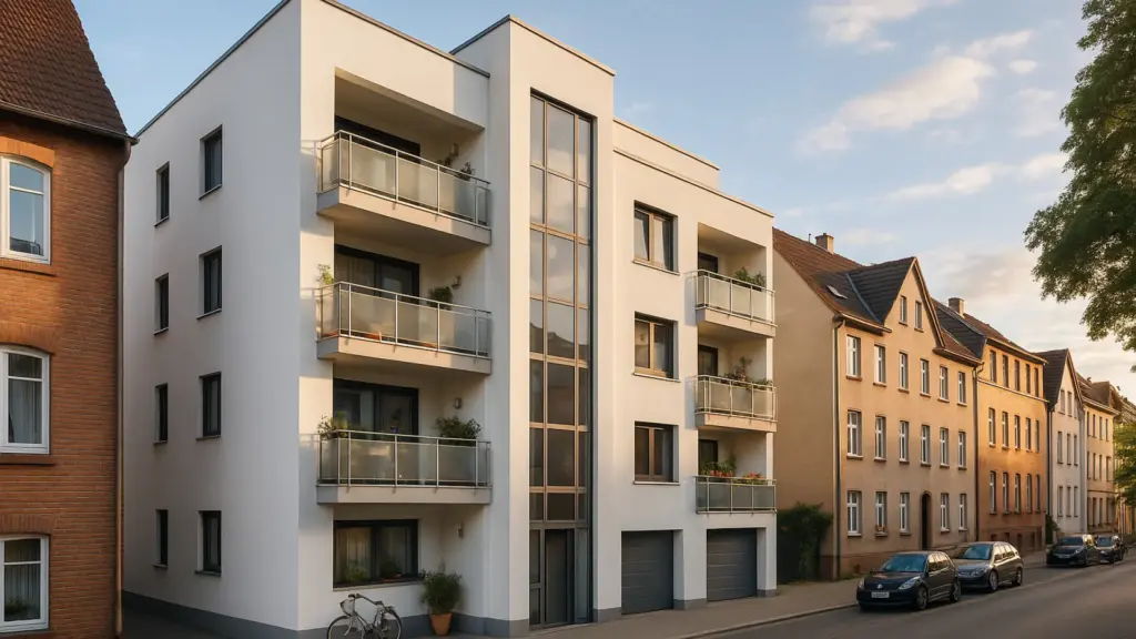 Modernes Wohngebäude mit heller Putzfassade und Balkonen in gewachsener Altbaustraße – Projekt von STUDIO S Architekten.