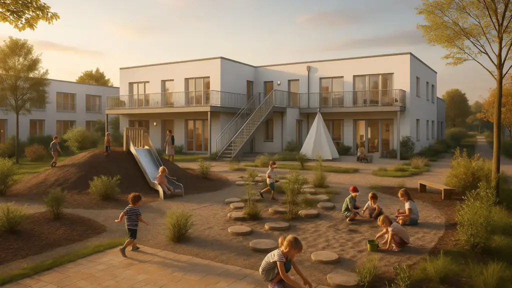 Kinder spielen im Morgenlichlicht in einem naturnah gestalteten Außengelände einer Kindertagesstätte mit Rutsche, Kletterhügel, Balancierparcours und Tipi-Zelt vor einem modernen, zweigeschossigen Kita-Gebäude.