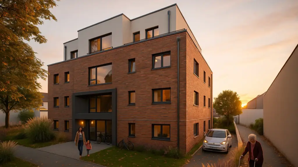 Visualisierung eines Mehrfamilienhauses mit rotem Klinker bei Sonnenuntergang.