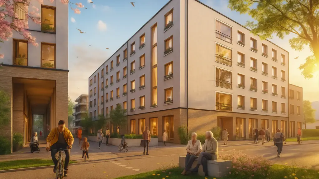 Seniorenfreundliches Wohnquartier mit barrierefreien Wegen, moderner Architektur und grüner Umgebung bei Sonnenuntergang.