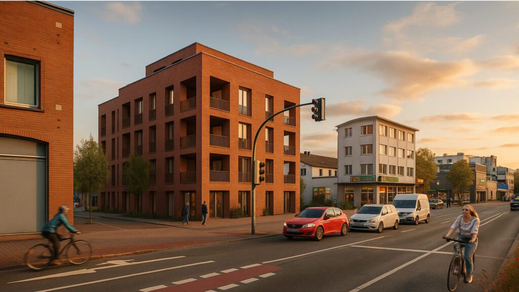 Neubau in Ziegeloptik an einer städtischen Kreuzung mit Autos, Radfahrern und Fußgängern in warmer Abendstimmung.