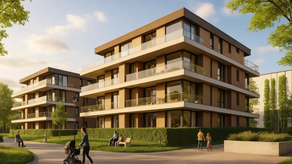 Visualisierung eines modernen Wohngebäudes mit Holzfassade und großzügigen Balkonen in parkähnlicher Umgebung.