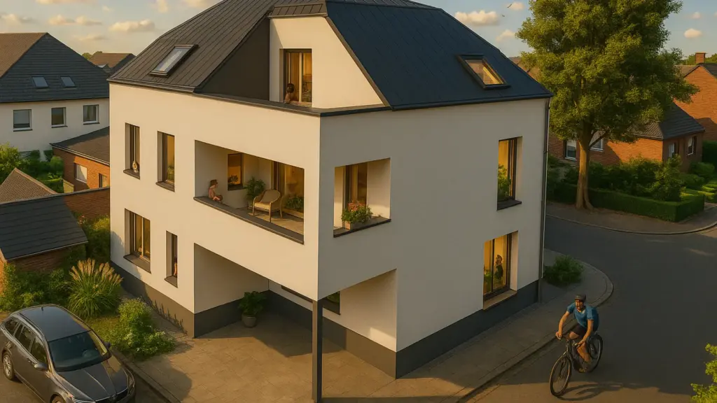 Modernes Wohnhaus mit Loggia und dunklem Dach im stimmungsvollen Abendlicht, urbanes Wohnviertel mit Fahrradfahrer im Vordergrund.