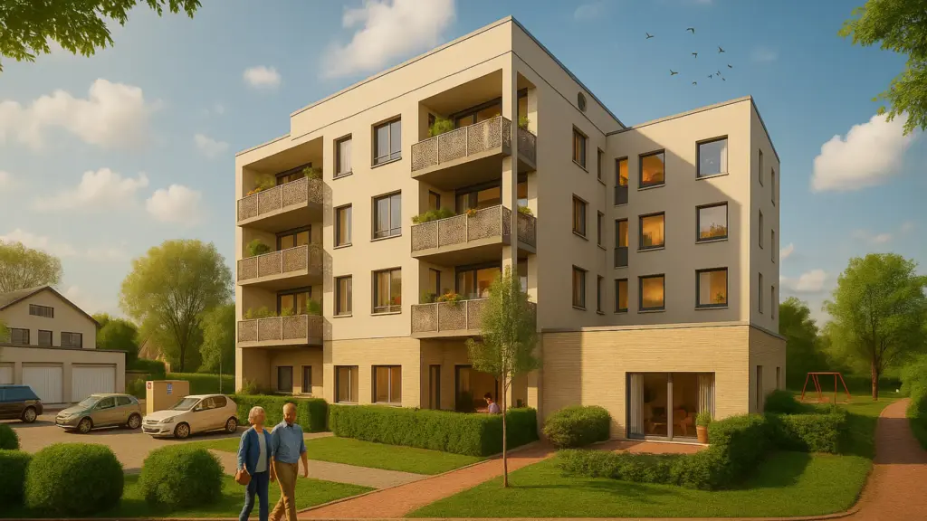 Visualisierung eines modernen Mehrfamilienhauses mit Balkonen bei Sonnenuntergang, umgeben von Grünflächen.