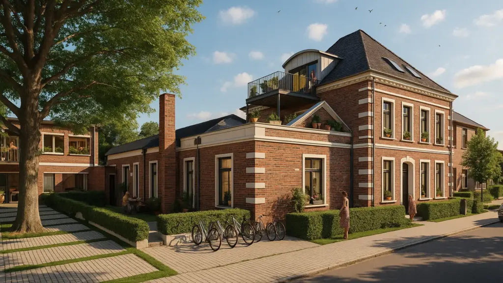 Historisches Ziegelgebäude mit modernem Dachausbau, grün gestalteter Vorgartenzone und Fahrradstellplätzen in urbaner Wohnumgebung.