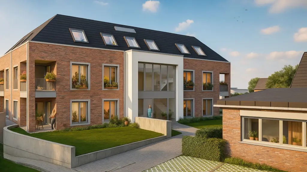 Visualisierung eines modernen Mehrfamilienhauses mit Ziegelfassade, großen Fensterflächen und zentralem Eingangsbereich im Grünen.