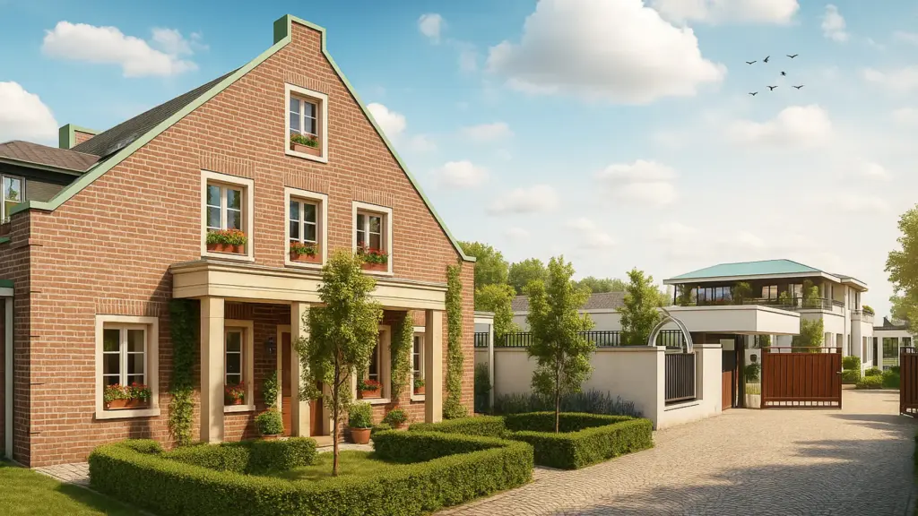 Detailansicht eines klassischen Backsteinhauses mit gepflegtem Vorgarten und Blick auf modernes Anwesen im Hintergrund