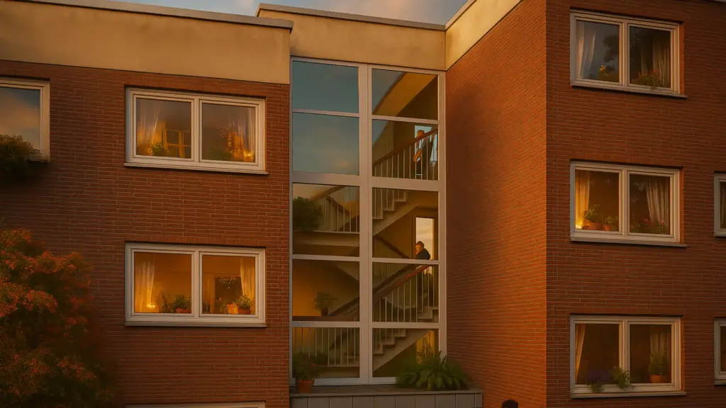 Abendliche Visualisierung des sanierten Treppenhauses mit großzügiger Glasfront