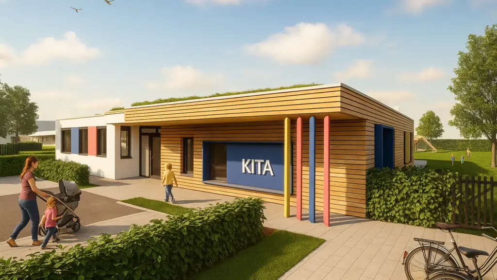Moderne Kindertagesstätte mit farbenfrohen Akzenten, Holzfassade und begrüntem Dach, umgeben von Hecken; Kinder und Erwachsene bewegen sich am Eingangsbereich.