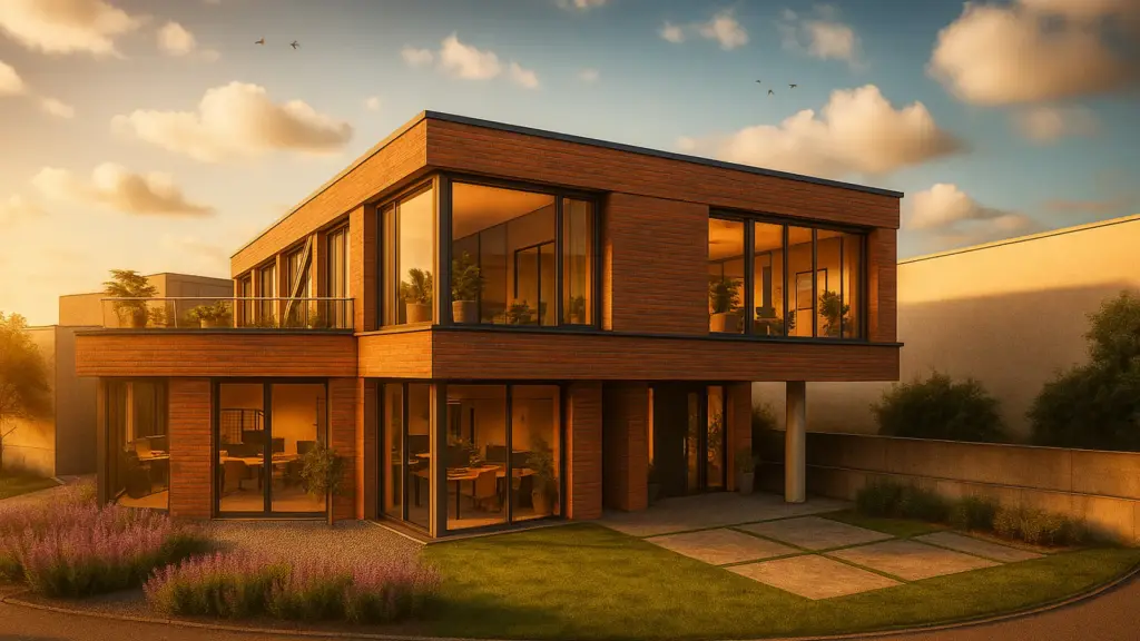 Modernes zweigeschossiges Bürogebäude mit großflächiger Verglasung und Klinkerfassade im warmen Licht der Abendsonne.