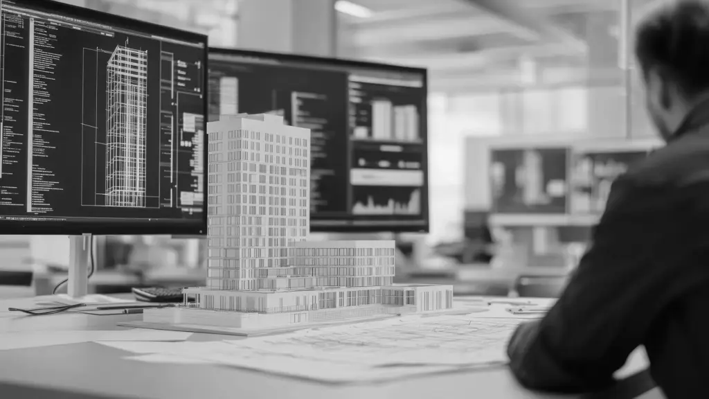 Architekt arbeitet an einem Hochhausmodell, im Hintergrund digitale Pläne und Daten auf mehreren Bildschirmen.