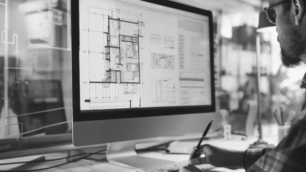 Bauzeichner arbeitet am Computer mit CAD-Software an einem digitalen Grundrissplan.