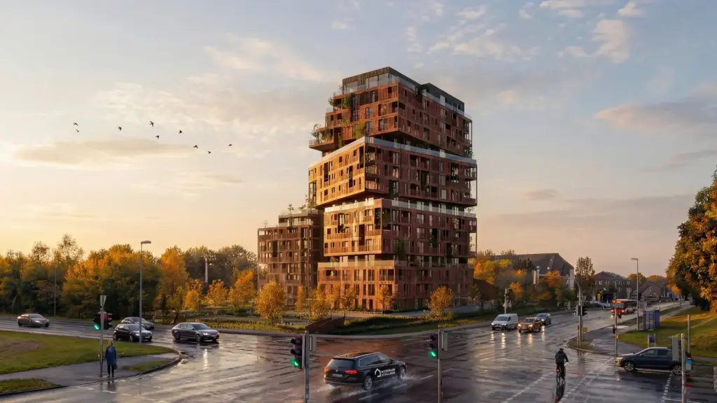 ATEA 2.0 - Visualisierung eines modernen Wohnhochhauses mit terrassierten Baukörpern. Das Gebäude steht an einer Kreuzung, umgeben von herbstlicher Natur und städtischem Umfeld.