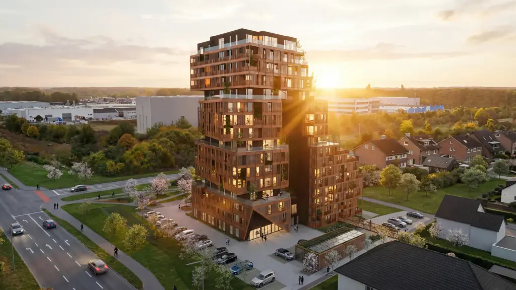 ATEA 2.0 - Architektonische Visualisierung eines innovativen Wohnhochhauses begrünten Terrassen und polygonaler Formgebung bei Sonnenuntergang.“